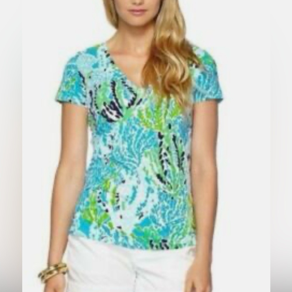 Lilly Pulitzer Michele Top Let’s Cha Cha Print Blue and Green Size Small